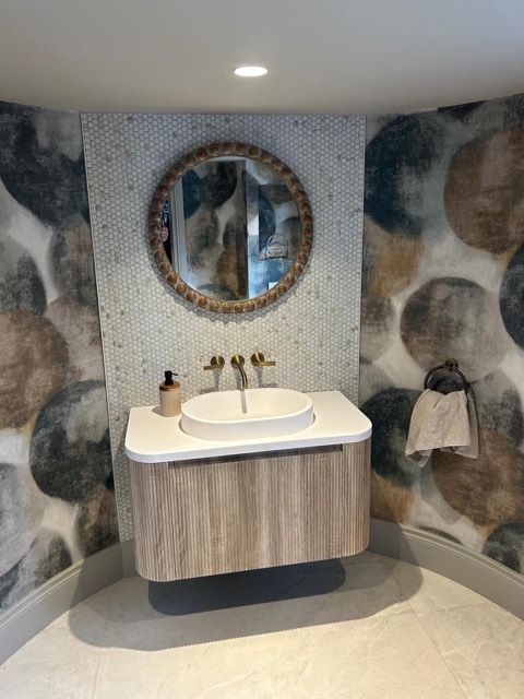 Fluted floating vanity, basin and brass taps